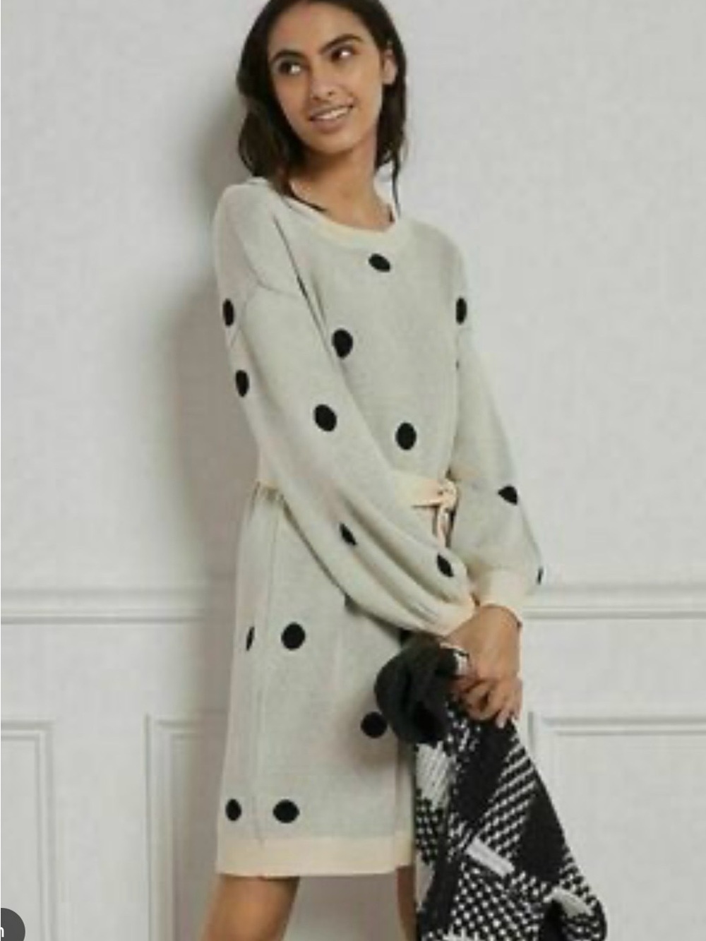 Worn Once! Anthropologie Cream Knit Polka Dot Long Sleeve Dress